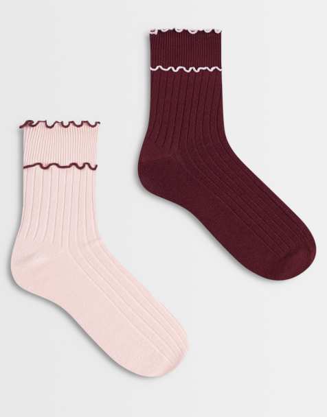 Cotton On - Pack de 2 pares de calcetines tobilleros color granada intenso y rosa peonía con volantes de canalé - view 1
