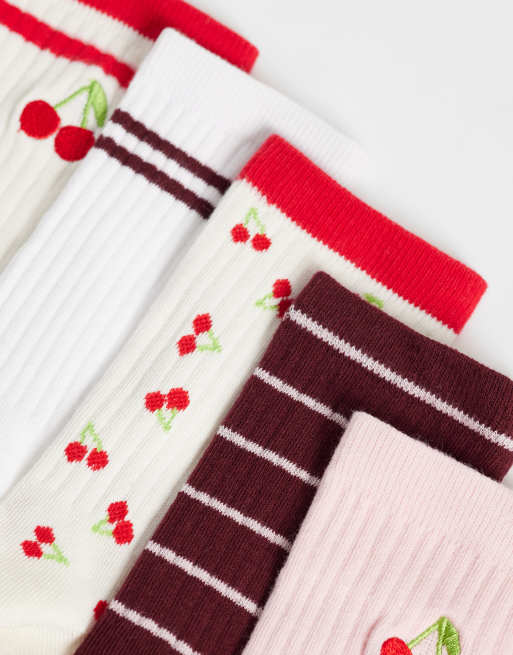 Cotton On - pack de 5 calcetines de caña media con cerezas, peonía y rosa, 2 de 3