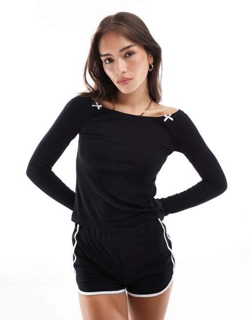 Cotton On pajama sleep recovery boat neck sleep top in black with bows