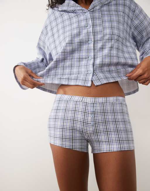 Cotton On pajama soft boxy button down shirt with matching shorts in blue micro check, 3 of 4