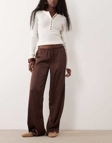 Cotton On pantalon en satin à cordon de serrage marron - view 1