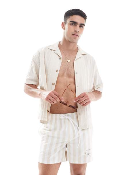 Cotton On - Pantaloncini da bagno color pietra a righe - view 1