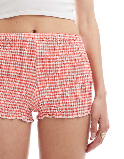 Cotton On - Pantaloncini micro arricciati color pesca a quadretti, 5 di 5