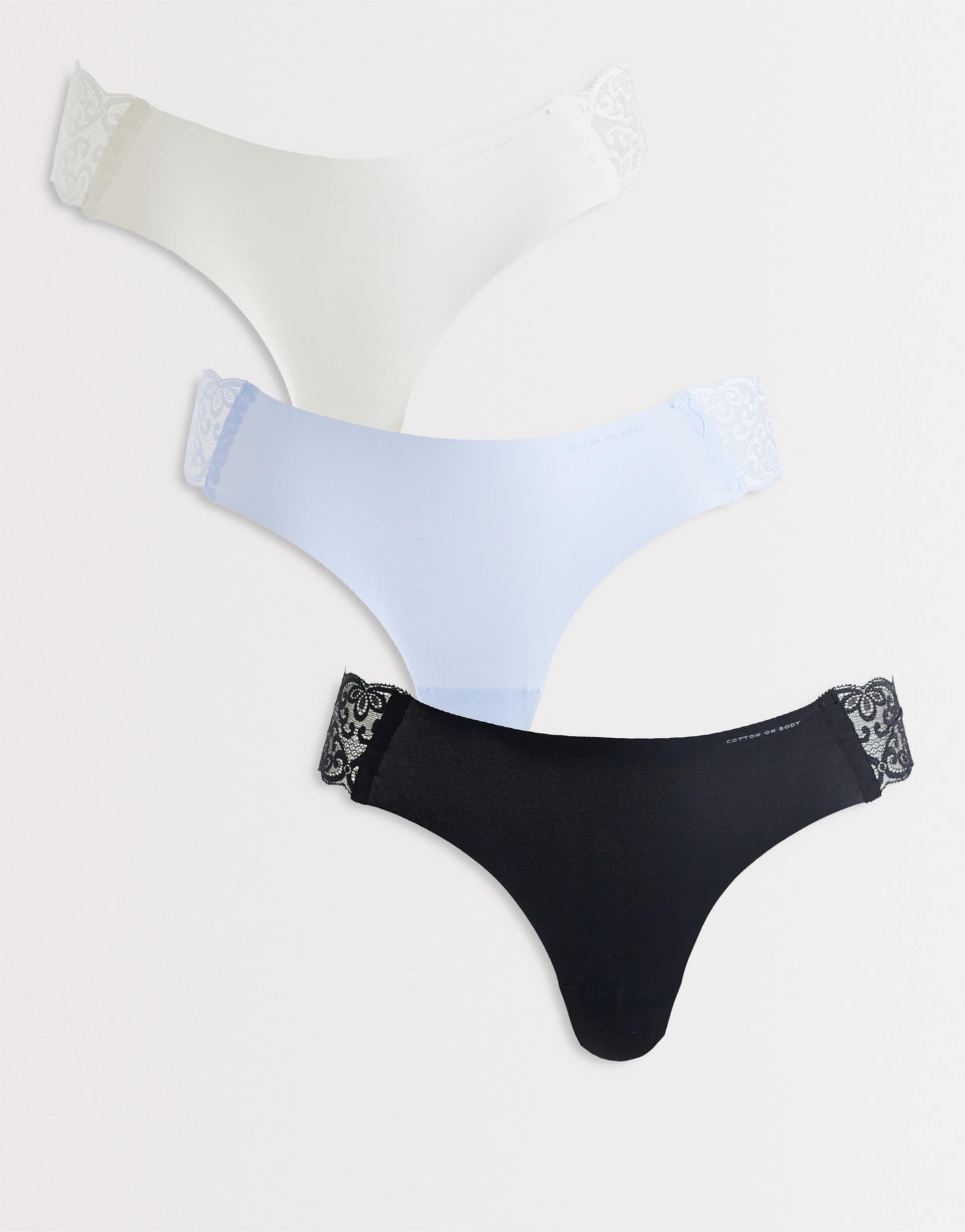 cotton on party pants seamless thongs 3 set in black, blue and white