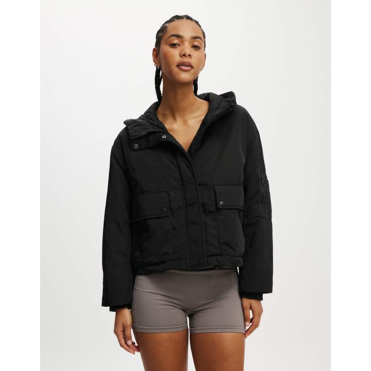 ★HOODHOOD★ Button heavy cotton hooded jacket black Men's Zip Up Utility Jacket with Hood Nylon Long Sleeve