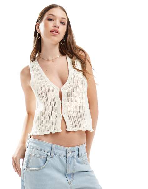 Cotton On peekaboo button down singlet in creme fraiche - view 1