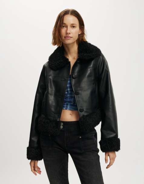 Cotton On Peggy faux fur trim jacket in black