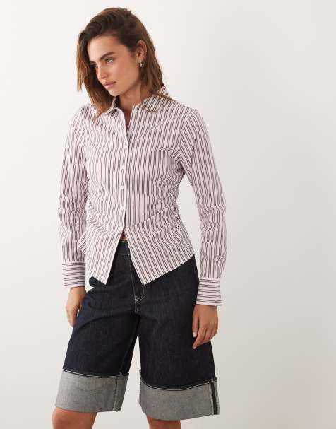 Cotton On peyton gathered long sleeve shirt in pink pinstripe - view 1