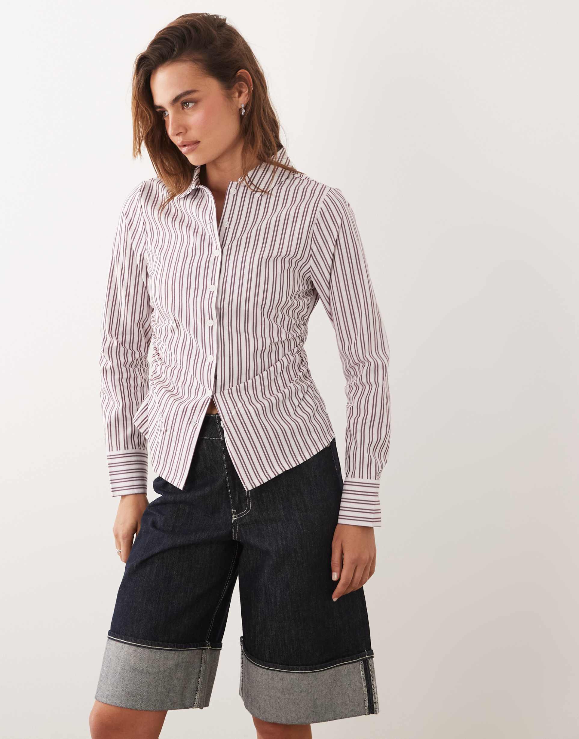 cotton on peyton gathered long sleeve shirt in pink pinstripe