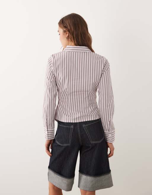 Cotton On Peyton gathered long sleeve shirt in pink pinstripe, 2 of 4