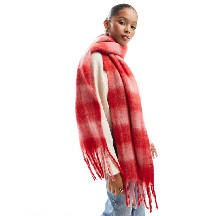 Cotton On phoebe brushed tassel scarf in pink red check ASOS - Main Image