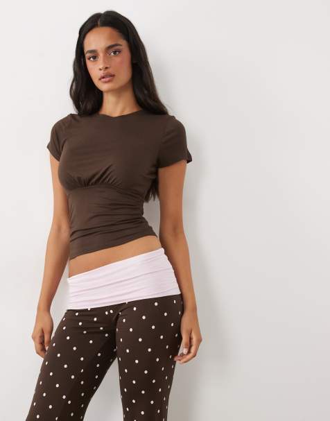 Cotton On - pijama con camiseta suave y ligera y pantalón con cintura vuelta en rosa y marrón con lunares - view 1