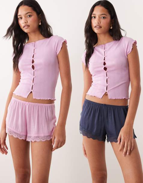 Cotton On - Pink/blåt pyjamassæt med shorts i forvasket satin med blonder - view 1