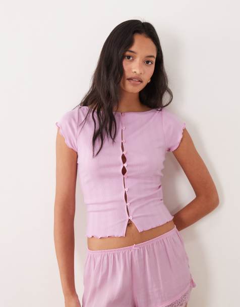 Cotton On - Pink pyjamas-T-shirt med knapper i pointelle - view 1