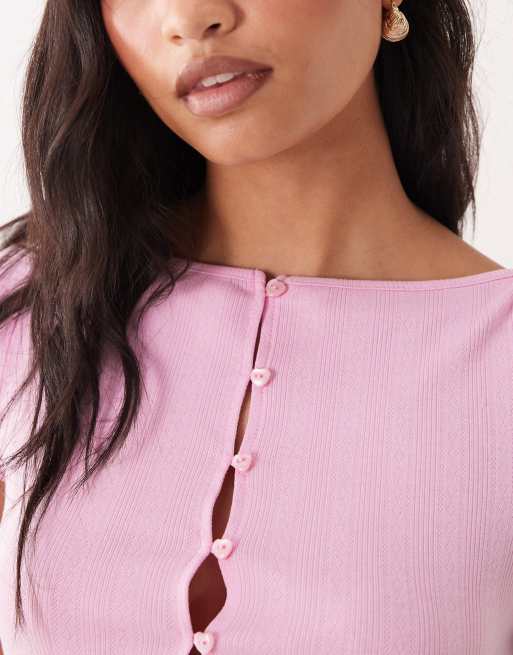 Cotton On - Pink pyjamas-T-shirt med knapper i pointelle , 2 af 4