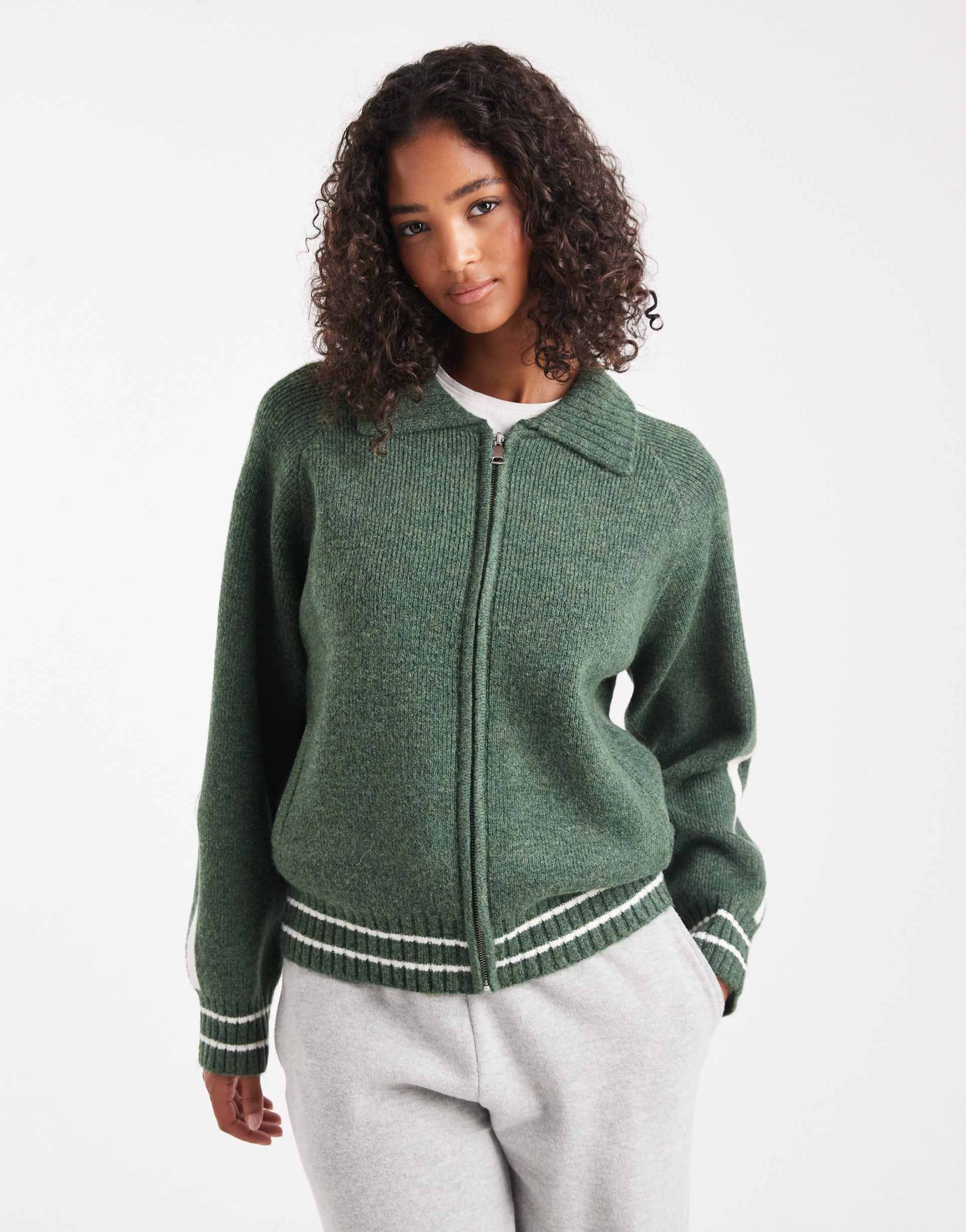 cotton on piping knit zip up bomber jacket in treetop green