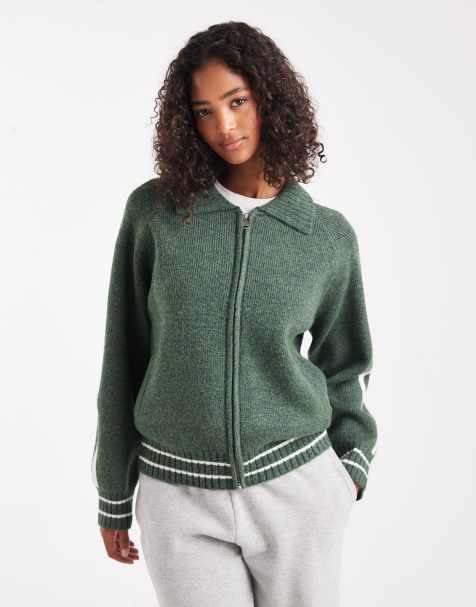 Cotton On piping knit zip up bomber jacket in treetop green