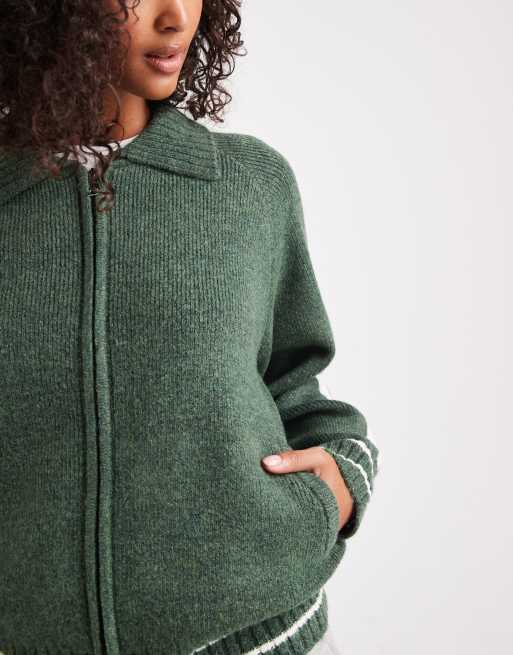 Cotton On piping knit zip up bomber jacket in treetop green