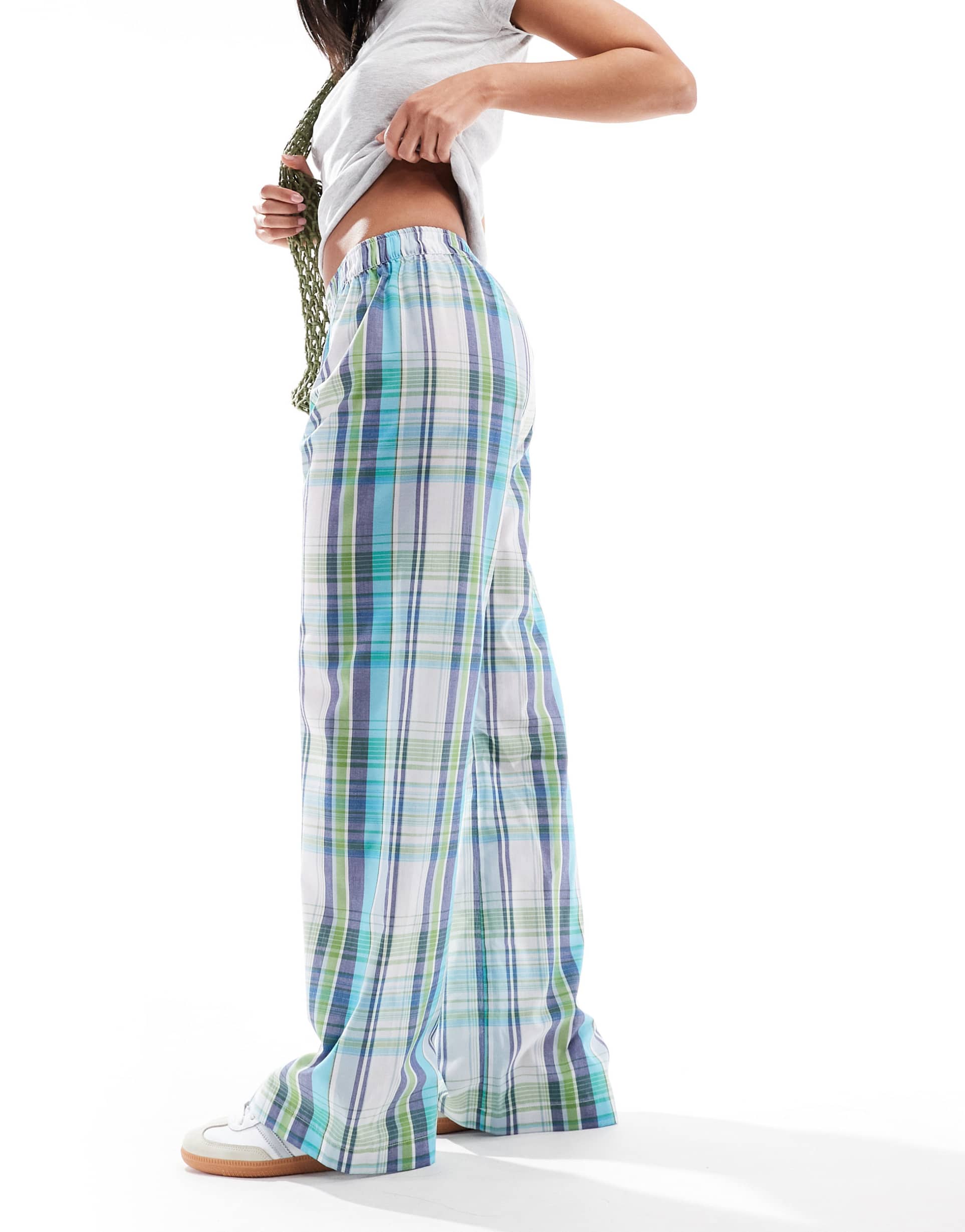 cotton on plaid boyfriend boxer pants in blue and green