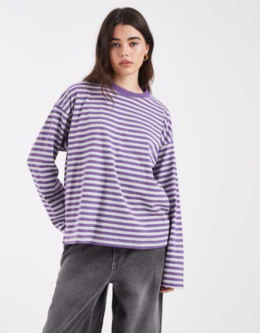 Cotton On – Plommonfärgad, randig t-shirt med boxig oversize-passform och långa ärmar, 2 av 4