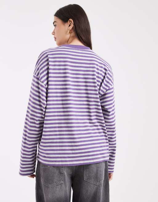 Cotton On – Plommonfärgad, randig t-shirt med boxig oversize-passform och långa ärmar, 4 av 4