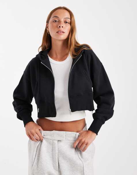 Cotton On plush boxy cropped zip through fleece in black - view 1