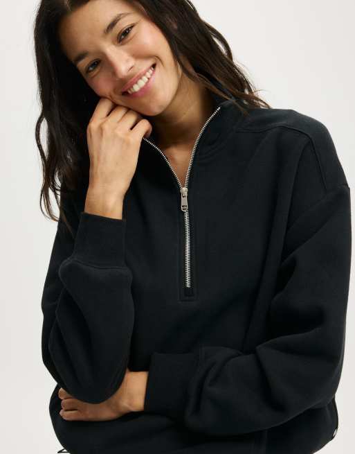 Cotton On Plush half zip sweatshirt in black, 3 of 4