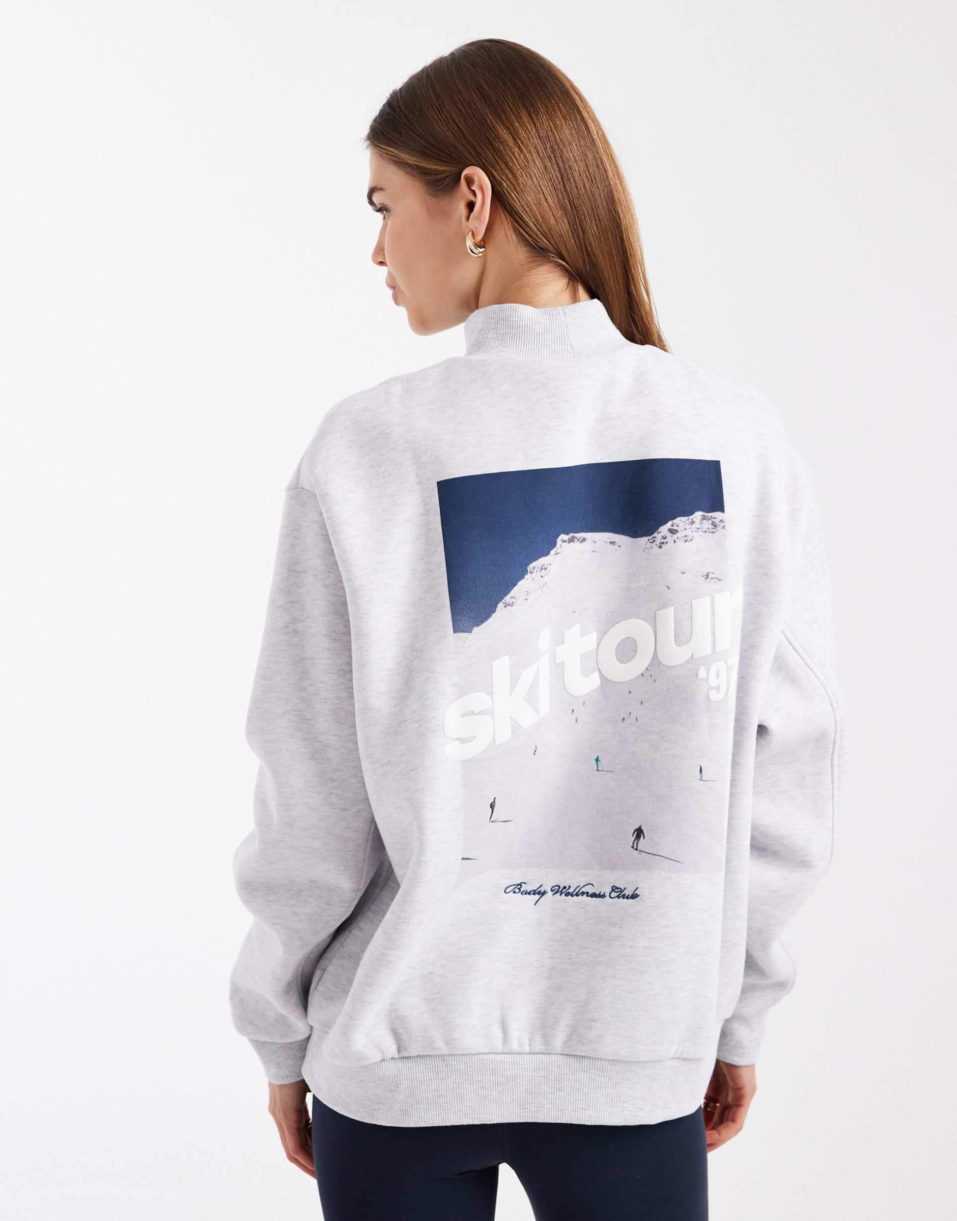 cotton on plush mock neck sweatshirt with ski tour graphic in cloudy gray