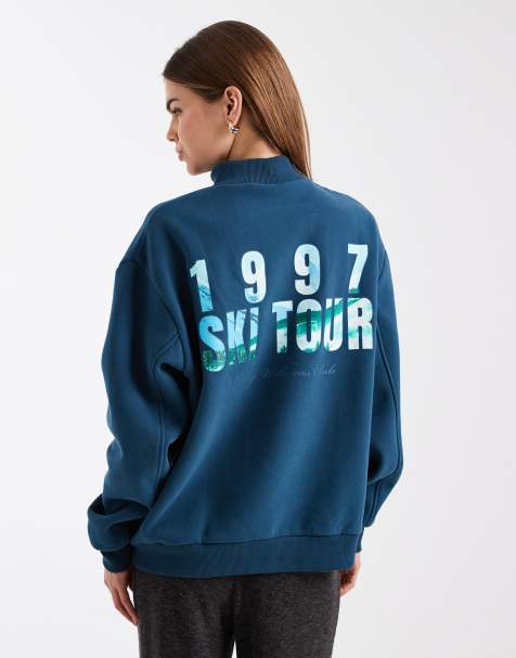 Cotton On plush mock neck sweatshirt with ski tour graphic in tidal teal - view 1