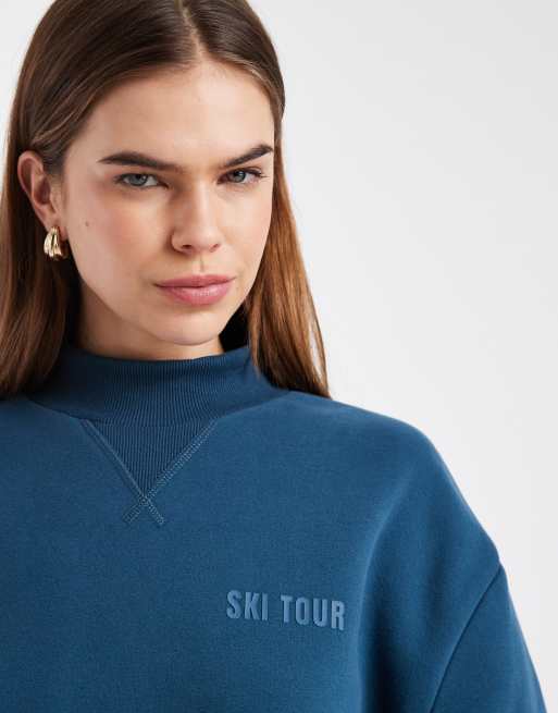 Cotton On plush mock neck sweatshirt with ski tour graphic in tidal teal, 4 of 4