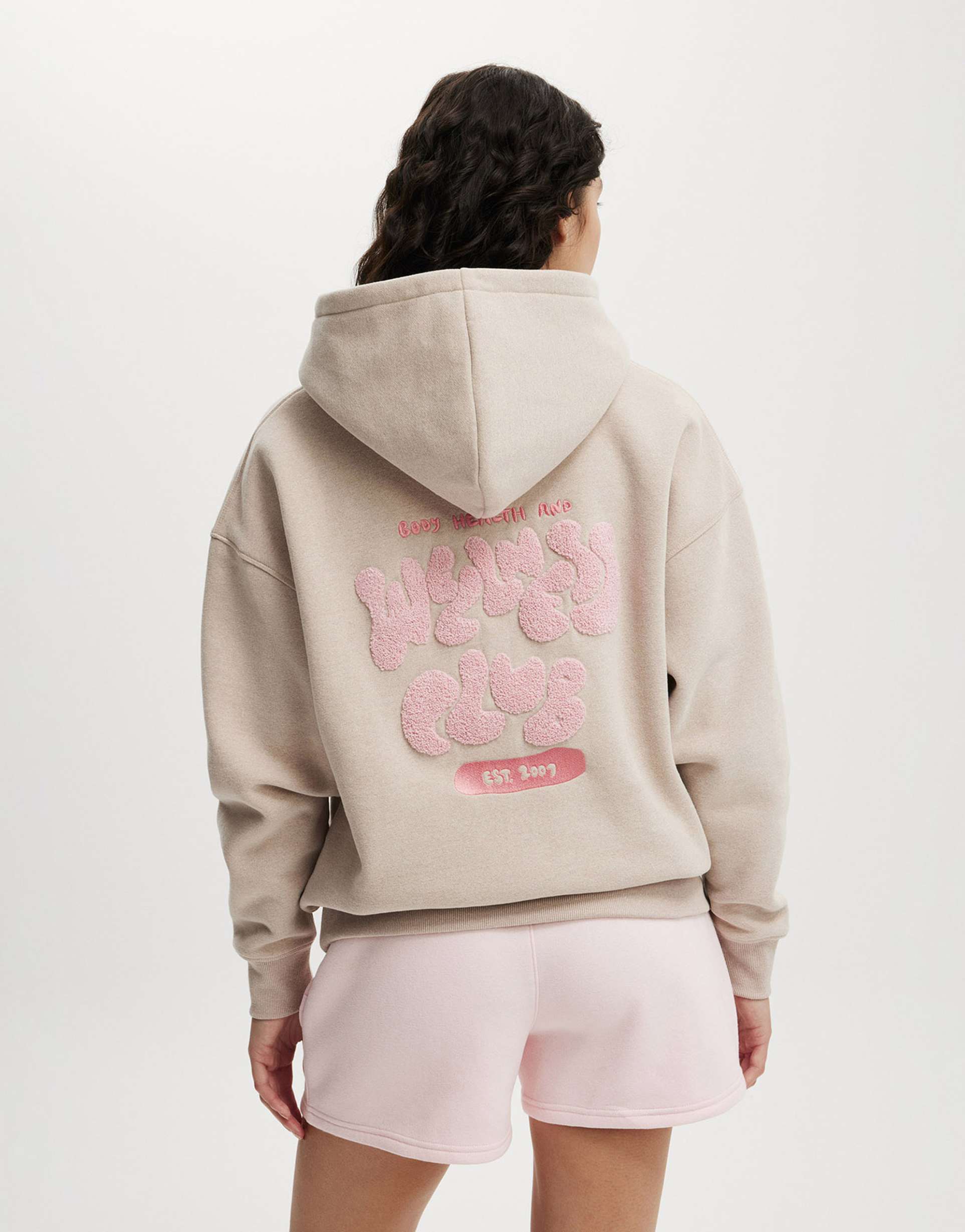 cotton on plush premium graphic hoodie in beige