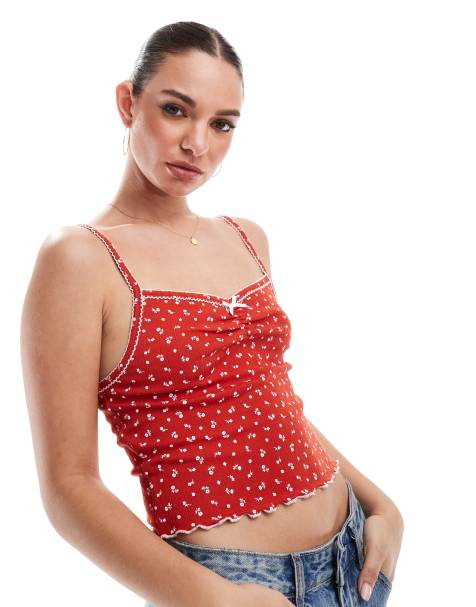 Cotton On pointelle cami tank crop top in red - view 1
