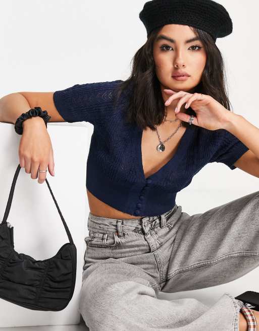 Cotton On pointelle cropped cardi in blue 