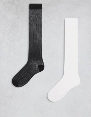 Cotton:On Cotton On pointelle knee high socks 2 pack in white black