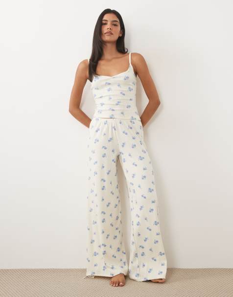 Cotton On pointelle longline cami top and wide leg pants pajama set in delicate floral - view 1