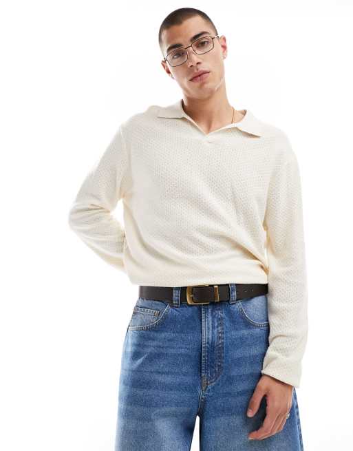 Cotton On - Polo a maniche lunghe in maglia color crema