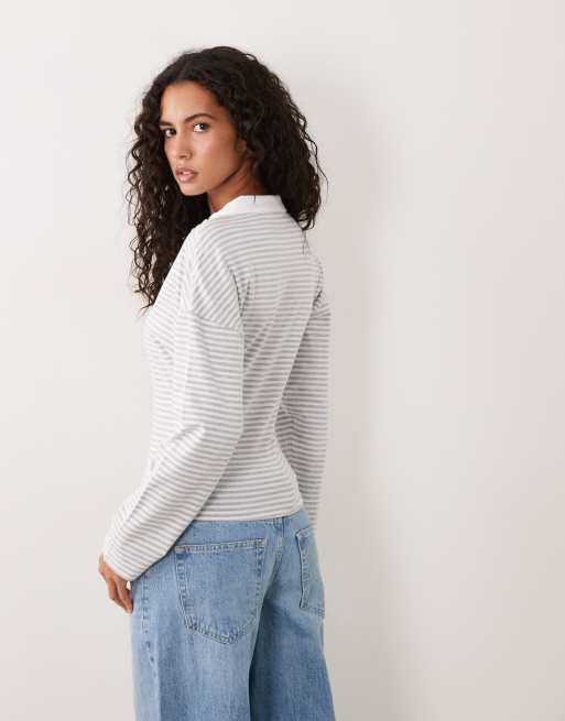 Cotton On polo a maniche lunghe liscia a righe grigie, 3 di 4
