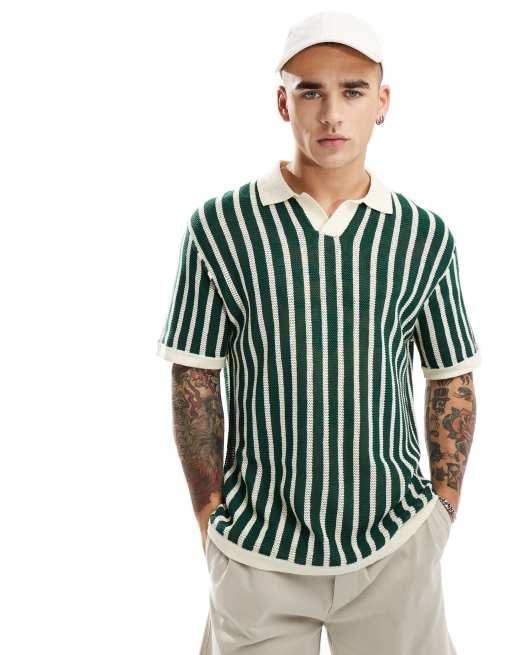 Cotton On - Polo in maglia a maniche corte verde a righe stile resort
