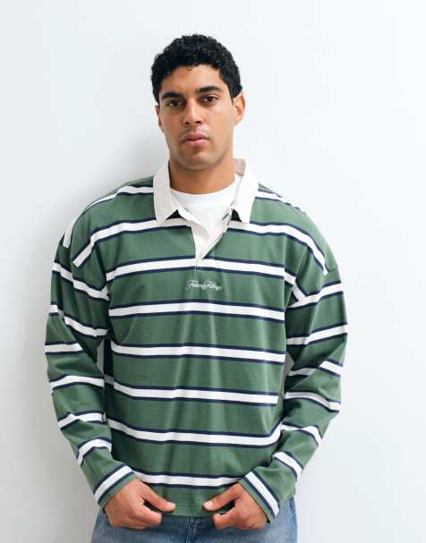 Cotton On - polo rugby de corte box en verde con raya ancha - view 1