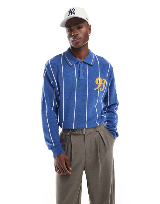 Cotton On - Polo stile rugby in maglia blu a righe a maniche lunghe