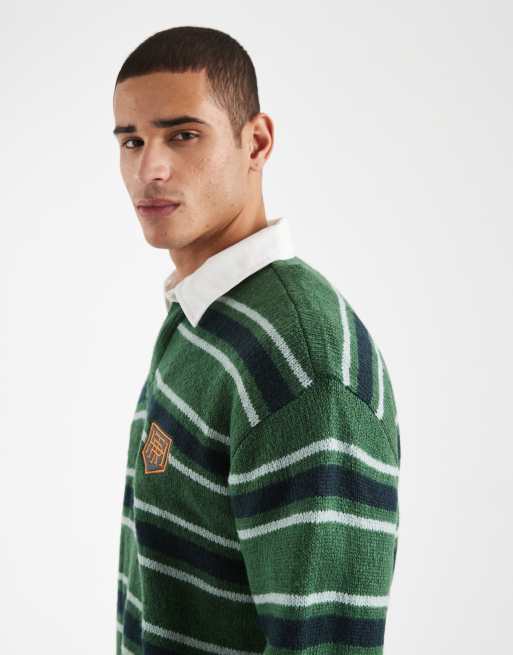 Cotton On - Polo stile rugby squadrata a maniche lunghe verde club a righe, 4 di 5