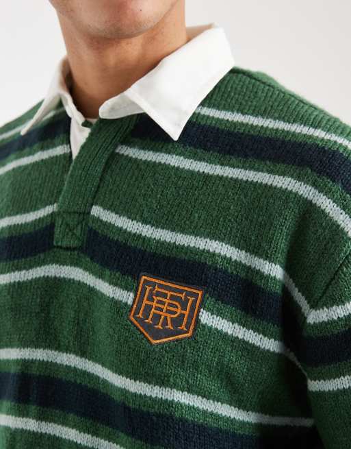 Cotton On - Polo stile rugby squadrata a maniche lunghe verde club a righe, 5 di 5