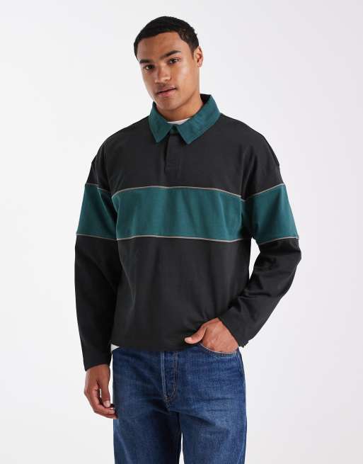 Cotton On - Polo stile rugby taglio corto nera