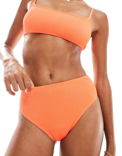 Cotton On – Pomarańczowy mocno wycięty gnieciony dół od bikini z wysokim stanem - view 1