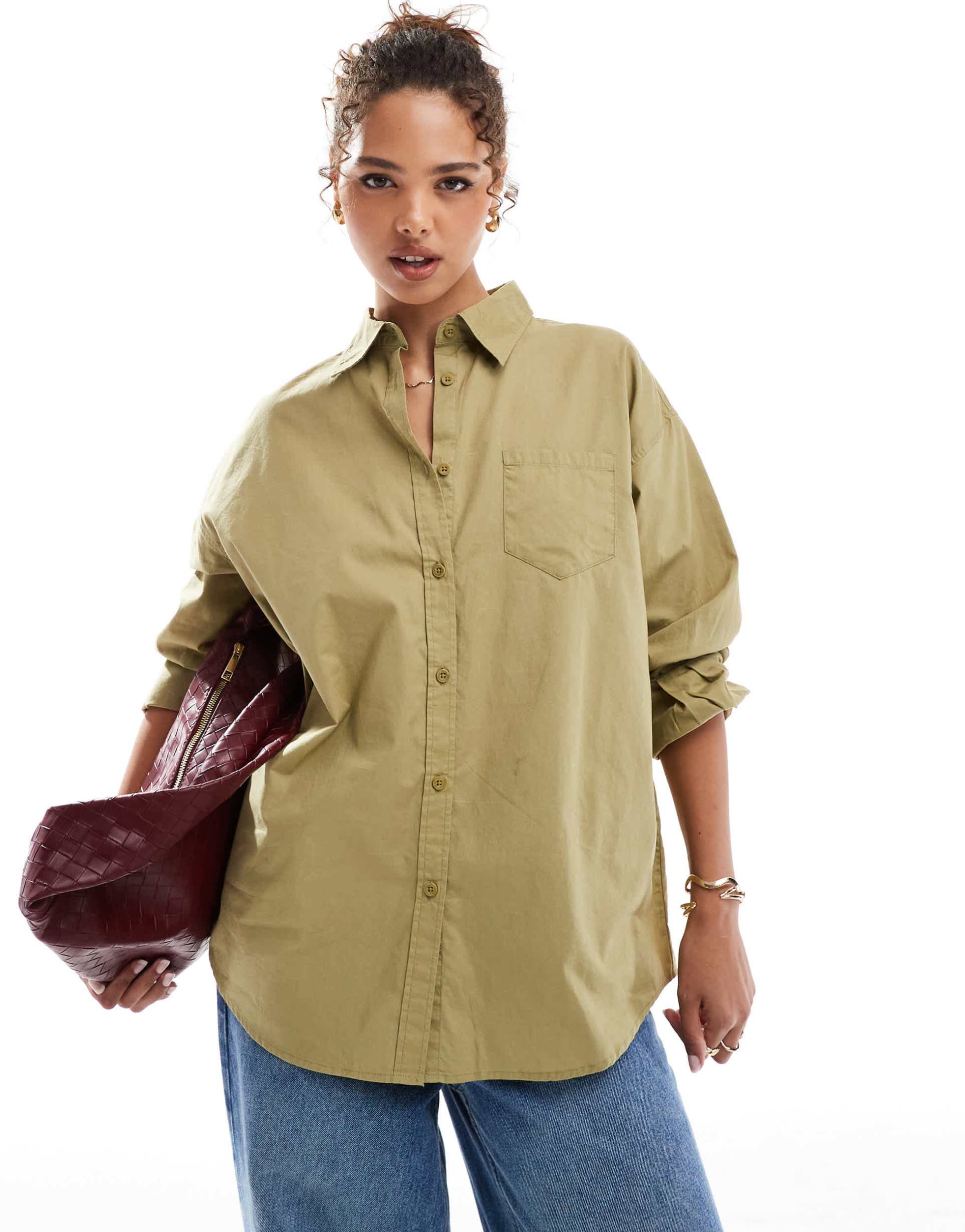cotton on poplin oversized shirt in khaki