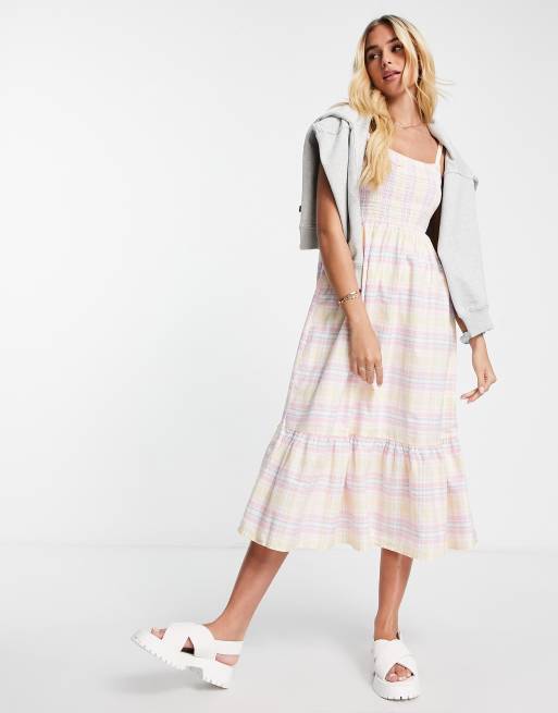 Cotton On poppy shirred tie up back midi dress in retro pink plaid 