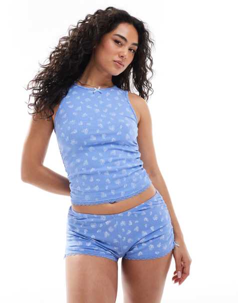 Cotton On blossom print rib ruffle cami sleep top co-ord in blue ditsy