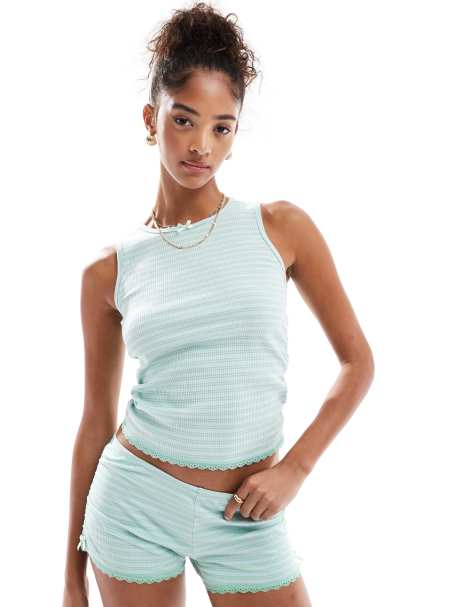 Cotton On striped rib ruffle cami sleep top co-ord in green and blue