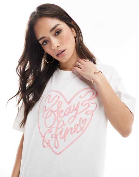 Cotton On premium boxy tee with okay fine graphic in white and pink - view 1