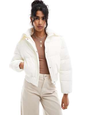 Cotton:On Cotton On puffer jacket with knit collar in coconut milk-White